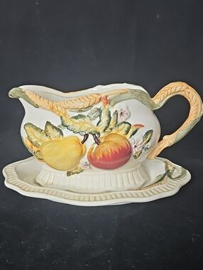 Vintage Bella Casa Fruit Ceramic Gravy Boat with Underplate Yellow & Red Accents